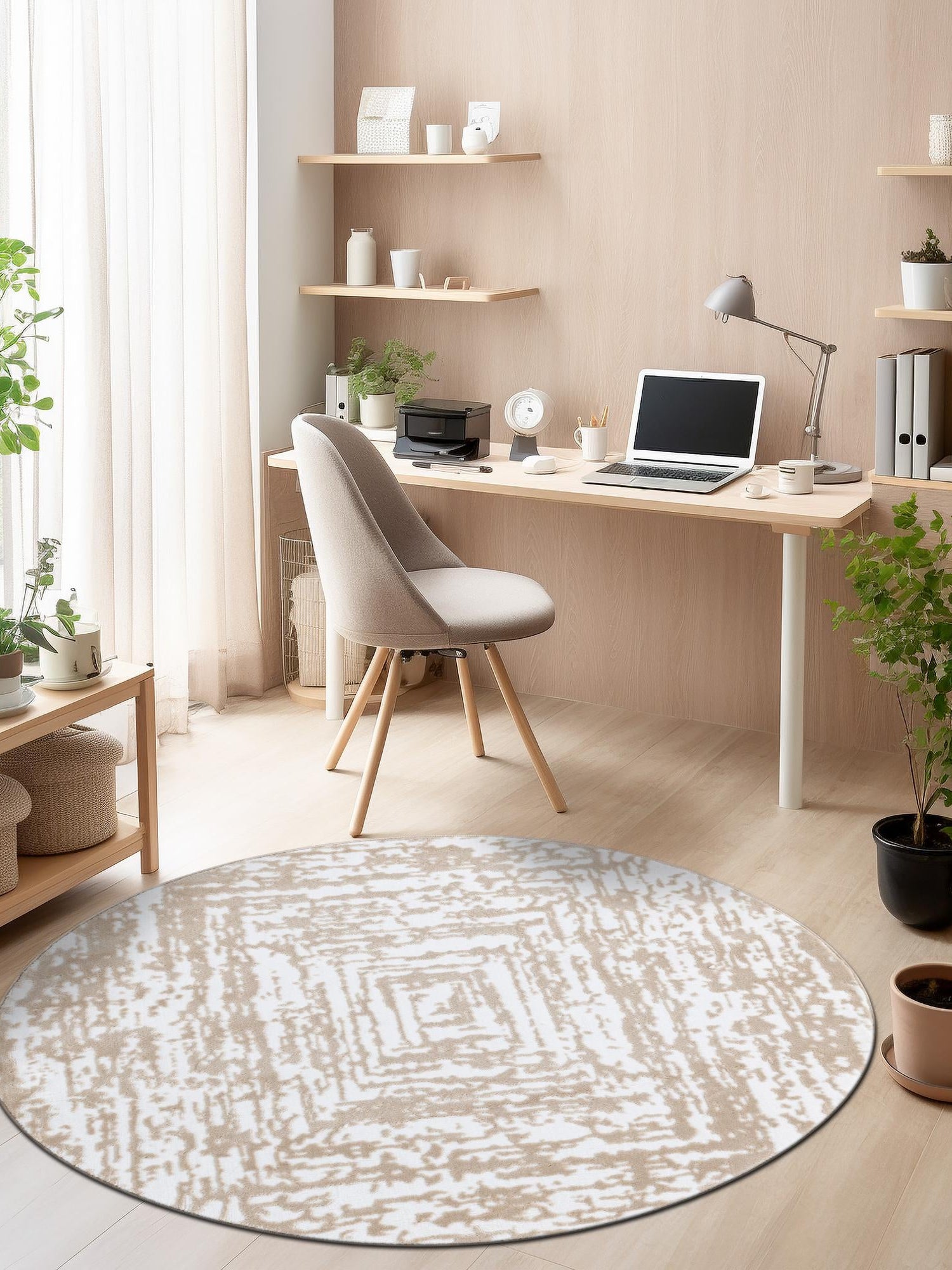 White Bone 7' 10 x 7' 10 Hermitage Round Area Rug 55% Polypropylene & 45% Polyester Easy Clean Stain-Resistant Carpet for Living, Office, Dorm Rooms for Sale at Rug Engine