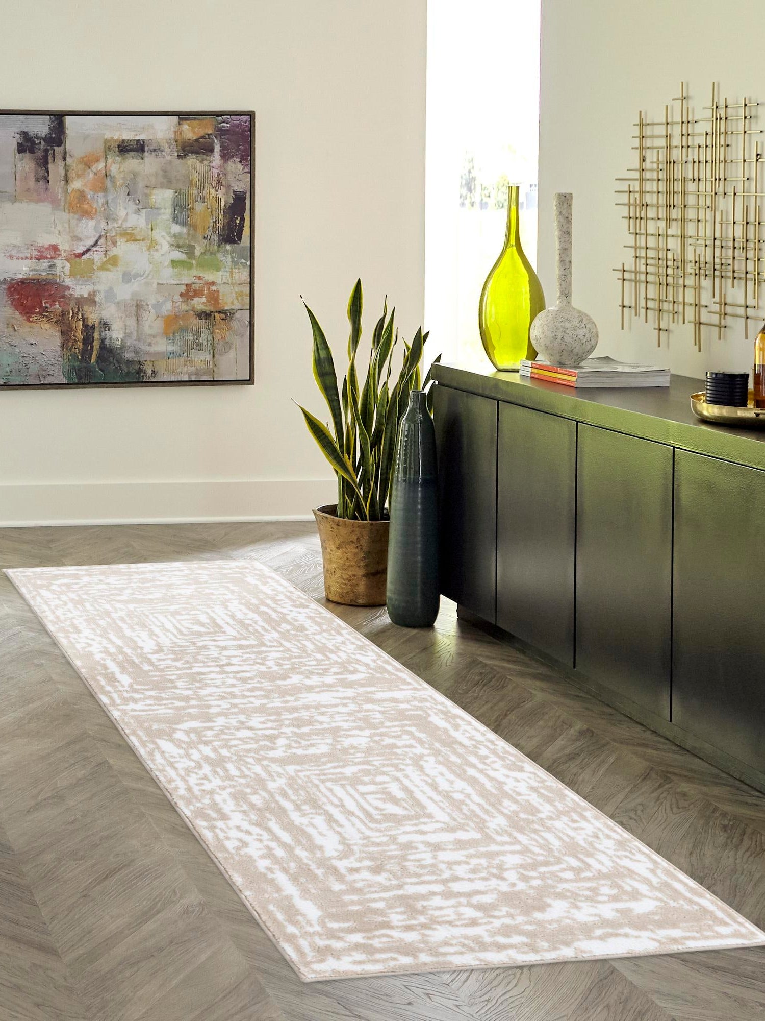 White Bone 2' x 6' Hermitage Runner Area Rug 55% Polypropylene & 45% Polyester Easy Clean Stain-Resistant Carpet for Living, Office, Dorm Rooms for Sale at Rug Engine