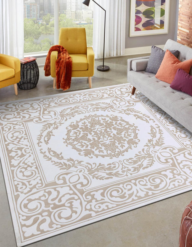 Snow White 6' x 6' Hermitage Square Area Rug 55% Polypropylene & 45% Polyester Easy Clean Stain-Resistant Carpet for Living, Office, Dorm Rooms for Sale at Rug Engine