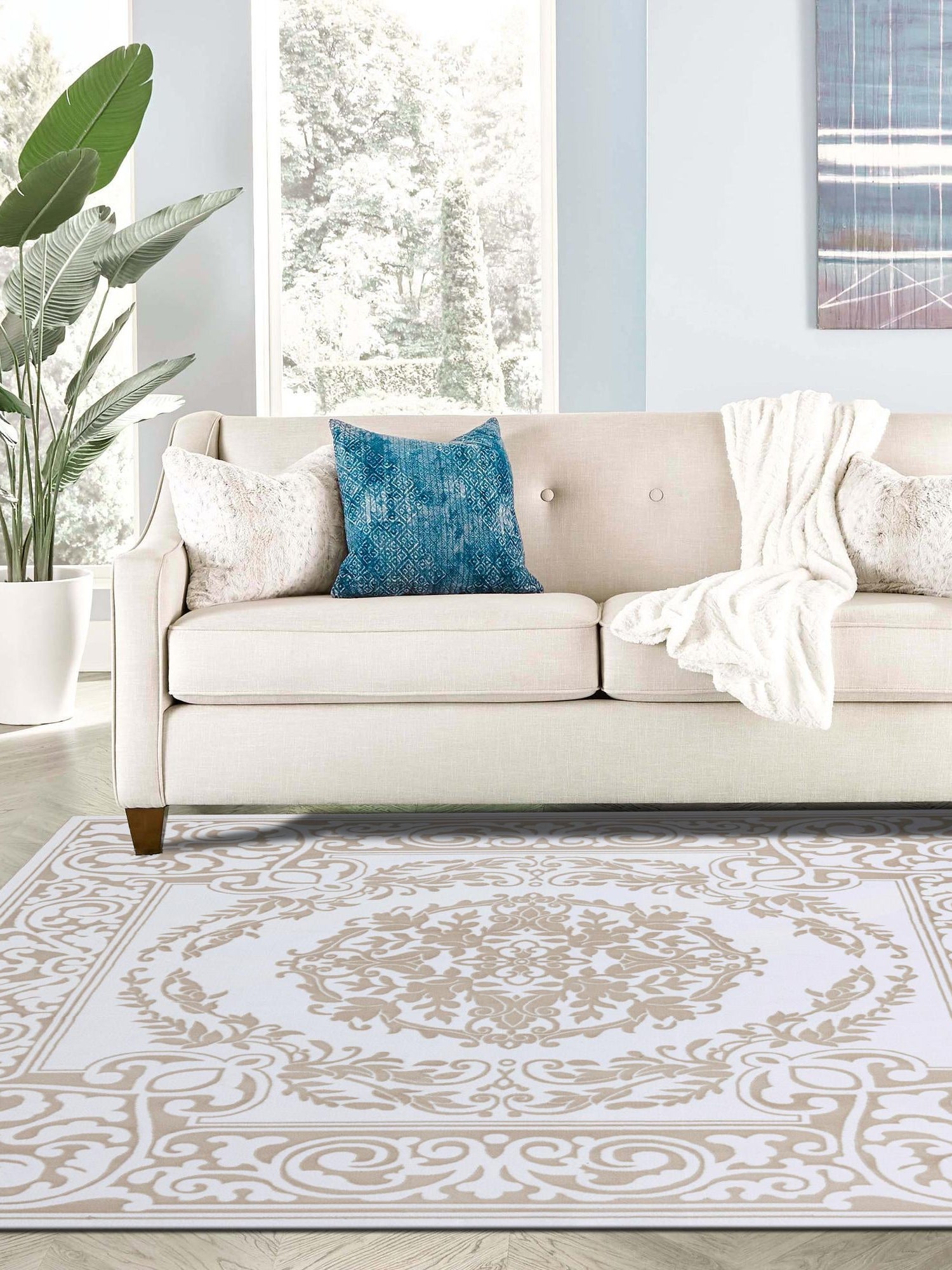 Snow White 6' x 6' Hermitage Square Area Rug 55% Polypropylene & 45% Polyester Easy Clean Stain-Resistant Carpet for Living, Office, Dorm Rooms for Sale at Rug Engine