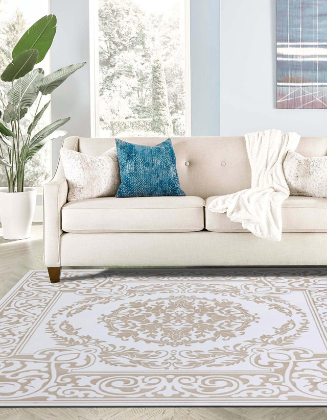 Snow White 6' x 6' Hermitage Square Area Rug 55% Polypropylene & 45% Polyester Easy Clean Stain-Resistant Carpet for Living, Office, Dorm Rooms for Sale at Rug Engine