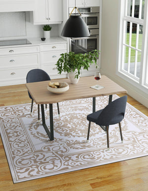 Snow White 6' x 6' Hermitage Square Area Rug 55% Polypropylene & 45% Polyester Easy Clean Stain-Resistant Carpet for Living, Office, Dorm Rooms for Sale at Rug Engine