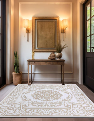 Snow White 7' 10 x 7' 10 Hermitage Square Area Rug 55% Polypropylene & 45% Polyester Easy Clean Stain-Resistant Carpet for Living, Office, Dorm Rooms for Sale at Rug Engine