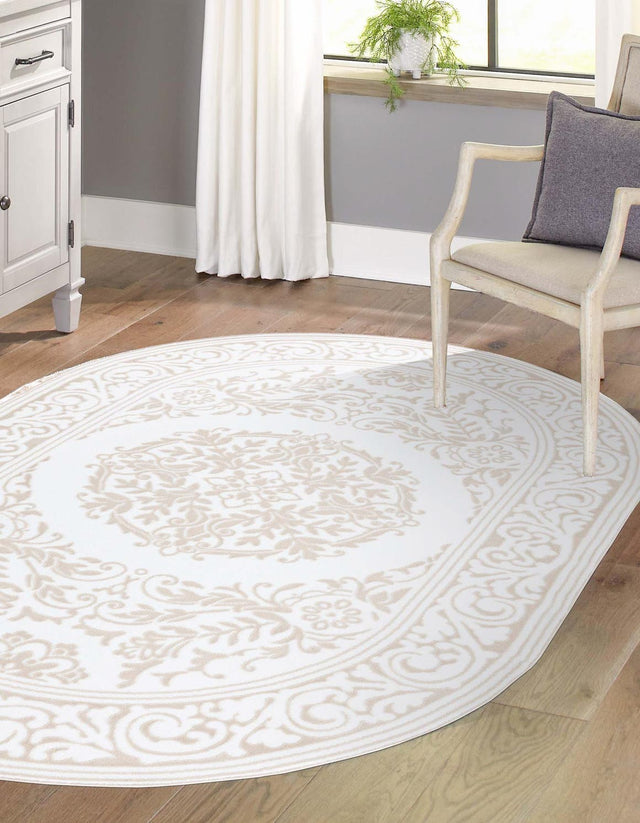 Snow White 5' 3 x 8' Hermitage Oval Area Rug 55% Polypropylene & 45% Polyester Easy Clean Stain-Resistant Carpet for Living, Office, Dorm Rooms for Sale at Rug Engine