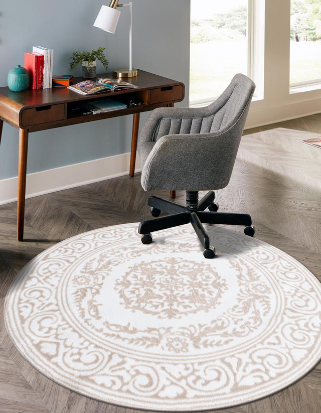 Snow White 7' 10 x 7' 10 Hermitage Round Area Rug 55% Polypropylene & 45% Polyester Easy Clean Stain-Resistant Carpet for Living, Office, Dorm Rooms for Sale at Rug Engine