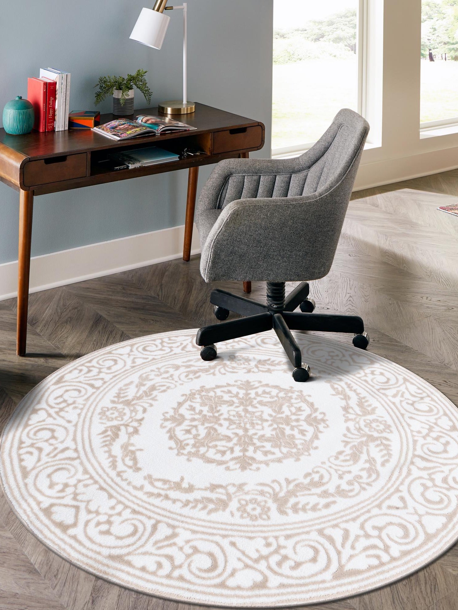 Snow White 10' 8 x 10' 8 Hermitage Round Area Rug 55% Polypropylene & 45% Polyester Easy Clean Stain-Resistant Carpet for Living, Office, Dorm Rooms for Sale at Rug Engine