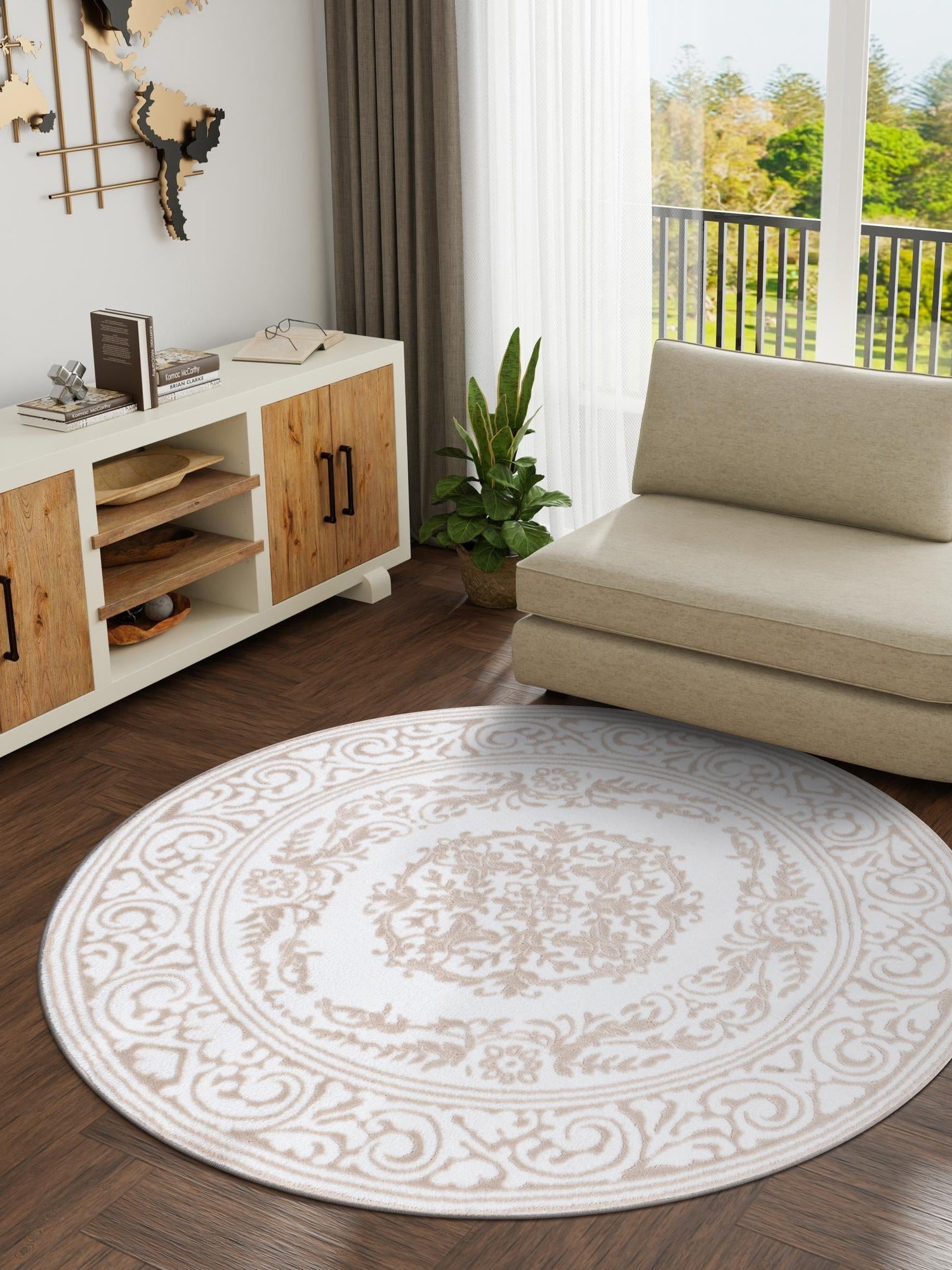 Snow White 7' 10 x 7' 10 Hermitage Round Area Rug 55% Polypropylene & 45% Polyester Easy Clean Stain-Resistant Carpet for Living, Office, Dorm Rooms for Sale at Rug Engine