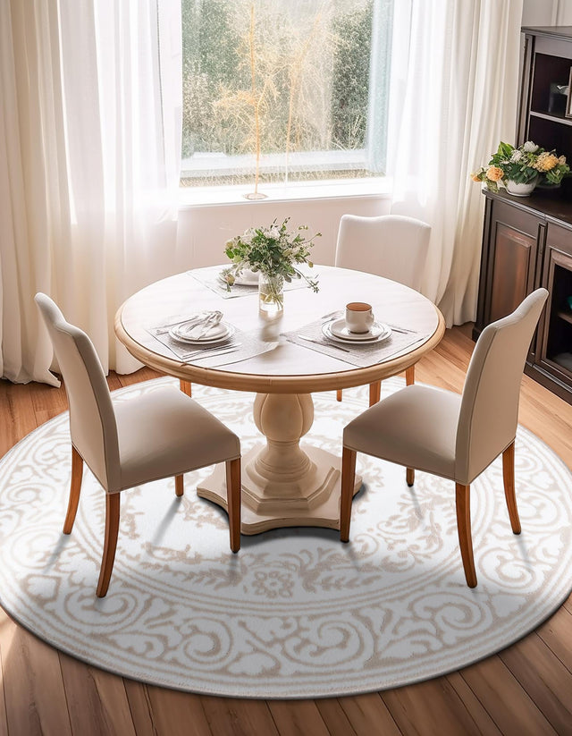 Snow White 10' 8 x 10' 8 Hermitage Round Area Rug 55% Polypropylene & 45% Polyester Easy Clean Stain-Resistant Carpet for Living, Office, Dorm Rooms for Sale at Rug Engine