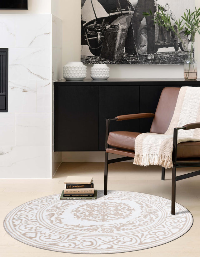Snow White 6' x 6' Hermitage Round Area Rug 55% Polypropylene & 45% Polyester Easy Clean Stain-Resistant Carpet for Living, Office, Dorm Rooms for Sale at Rug Engine