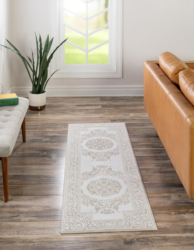 Snow White 2' 6 x 10' Hermitage Runner Area Rug 55% Polypropylene & 45% Polyester Easy Clean Stain-Resistant Carpet for Living, Office, Dorm Rooms for Sale at Rug Engine