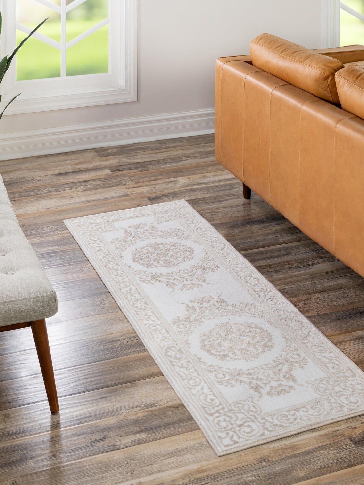 Snow White 2' 6 x 10' Hermitage Runner Area Rug 55% Polypropylene & 45% Polyester Easy Clean Stain-Resistant Carpet for Living, Office, Dorm Rooms for Sale at Rug Engine
