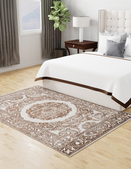 Chocolate Brown 7' x 10' Hermitage Rectangle Area Rug 55% Polypropylene & 45% Polyester Easy Clean Stain-Resistant Carpet for Living, Office, Dorm Rooms for Sale at Rug Engine