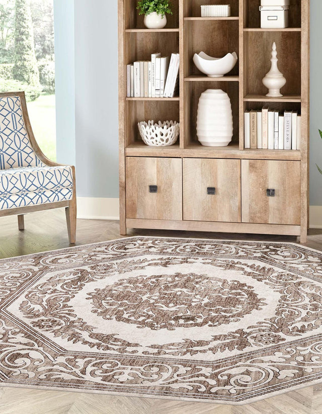 Chocolate Brown 7' 10 x 7' 10 Hermitage Octagon Area Rug 55% Polypropylene & 45% Polyester Easy Clean Stain-Resistant Carpet for Living, Office, Dorm Rooms for Sale at Rug Engine