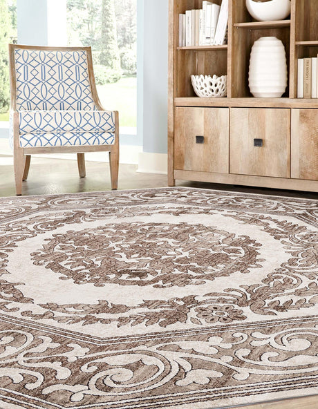 Chocolate Brown 7' 10 x 7' 10 Hermitage Octagon Area Rug 55% Polypropylene & 45% Polyester Easy Clean Stain-Resistant Carpet for Living, Office, Dorm Rooms for Sale at Rug Engine