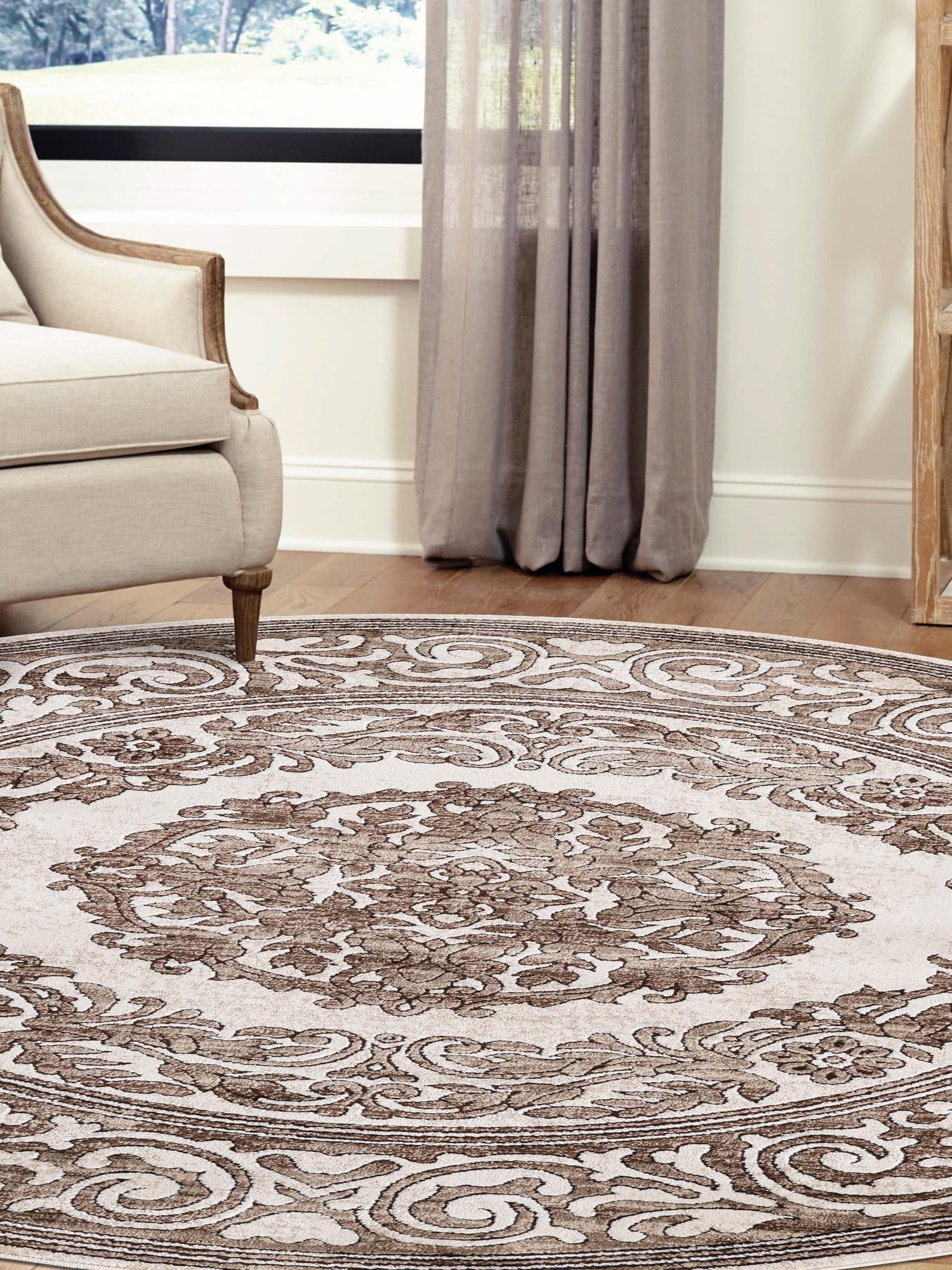 Chocolate Brown 6' x 6' Hermitage Round Area Rug 55% Polypropylene & 45% Polyester Easy Clean Stain-Resistant Carpet for Living, Office, Dorm Rooms for Sale at Rug Engine