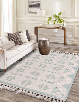 Aquamarine and White 9' x 12' Mesa Rectangle Area Rug 100% Wool Geometric All Natural Carpet for Living, Dining, Office, Bedrooms, Dorms, Kitchens for Sale at Rug Engine