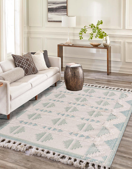 Aquamarine and White 8' x 10' Mesa Rectangle Area Rug 100% Wool Geometric All Natural Carpet for Living, Dining, Office, Bedrooms, Dorms, Kitchens for Sale at Rug Engine