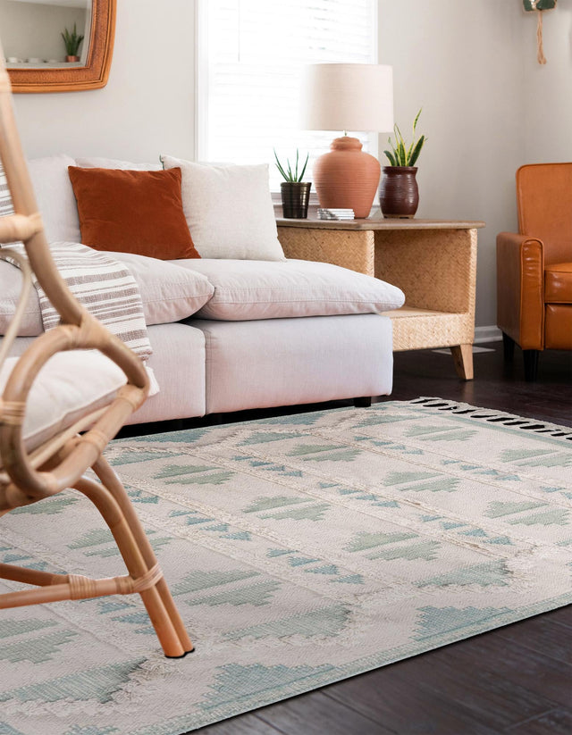 Aquamarine and White 5' 1 x 8' Mesa Rectangle Area Rug 100% Wool Geometric All Natural Carpet for Living, Dining, Office, Bedrooms, Dorms, Kitchens for Sale at Rug Engine