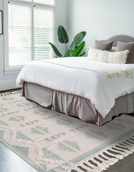 Aquamarine and White 9' x 12' Mesa Rectangle Area Rug 100% Wool Geometric All Natural Carpet for Living, Dining, Office, Bedrooms, Dorms, Kitchens for Sale at Rug Engine