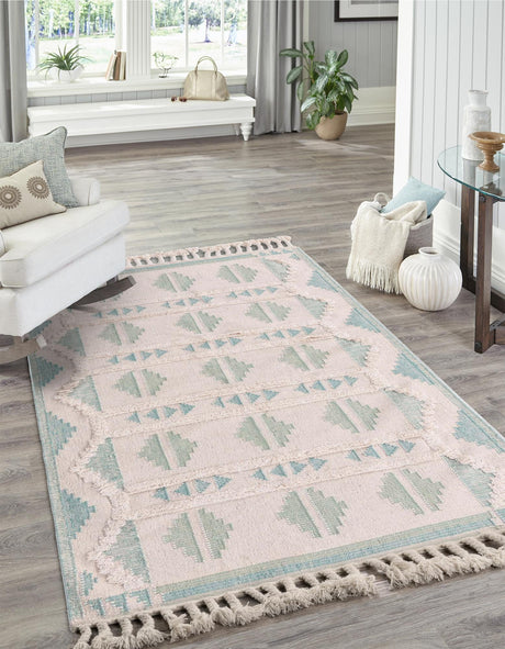 Aquamarine and White 5' 1 x 8' Mesa Rectangle Area Rug 100% Wool Geometric All Natural Carpet for Living, Dining, Office, Bedrooms, Dorms, Kitchens for Sale at Rug Engine