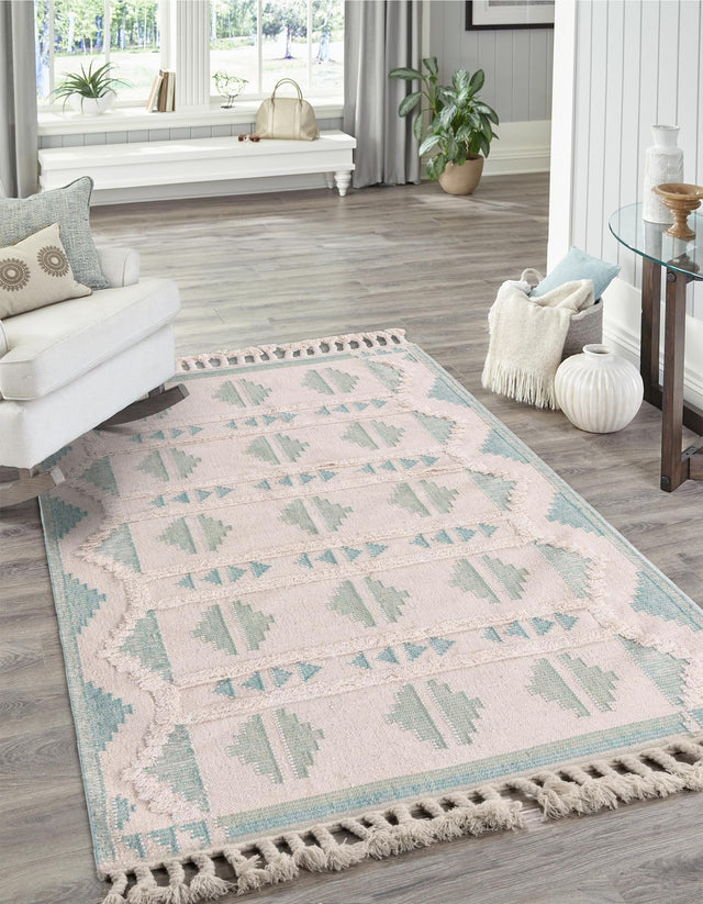 Aquamarine and White 6' 1 x 9' Mesa Rectangle Area Rug 100% Wool Geometric All Natural Carpet for Living, Dining, Office, Bedrooms, Dorms, Kitchens for Sale at Rug Engine
