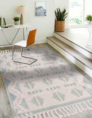 Aquamarine and White 6' 1 x 9' Mesa Rectangle Area Rug 100% Wool Geometric All Natural Carpet for Living, Dining, Office, Bedrooms, Dorms, Kitchens for Sale at Rug Engine