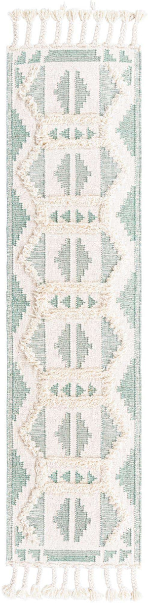 Aquamarine and White 2' 2 x 8' 2 Mesa Runner Area Rug 100% Wool Geometric All Natural Carpet for Living, Dining, Office, Bedrooms, Dorms, Kitchens for Sale at Rug Engine