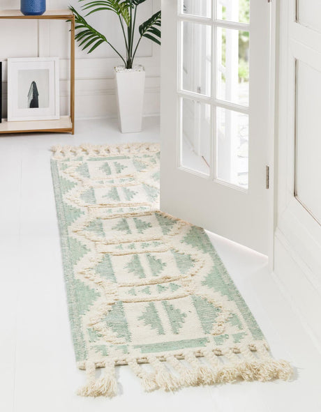 Aquamarine and White 2' 2 x 8' 2 Mesa Runner Area Rug 100% Wool Geometric All Natural Carpet for Living, Dining, Office, Bedrooms, Dorms, Kitchens for Sale at Rug Engine