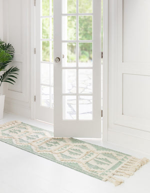 Aquamarine and White 2' 2 x 5' 1 Mesa Runner Area Rug 100% Wool Geometric All Natural Carpet for Living, Dining, Office, Bedrooms, Dorms, Kitchens for Sale at Rug Engine