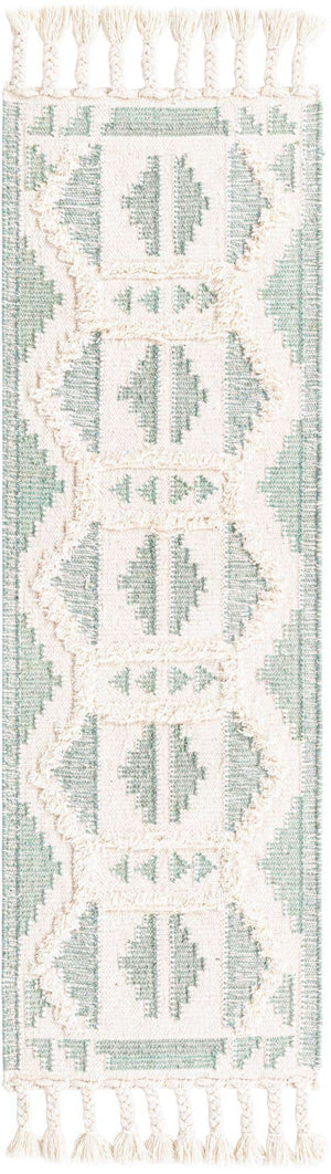 Aquamarine and White 2' 2 x 6' 1 Mesa Runner Area Rug 100% Wool Geometric All Natural Carpet for Living, Dining, Office, Bedrooms, Dorms, Kitchens for Sale at Rug Engine