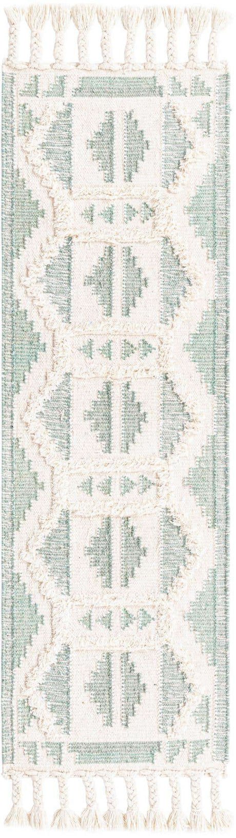 Aquamarine and White 2' 2 x 6' 1 Mesa Runner Area Rug 100% Wool Geometric All Natural Carpet for Living, Dining, Office, Bedrooms, Dorms, Kitchens for Sale at Rug Engine