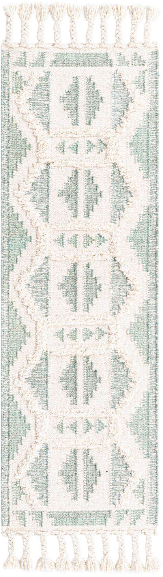 Aquamarine and White 2' 2 x 6' 1 Mesa Runner Area Rug 100% Wool Geometric All Natural Carpet for Living, Dining, Office, Bedrooms, Dorms, Kitchens for Sale at Rug Engine