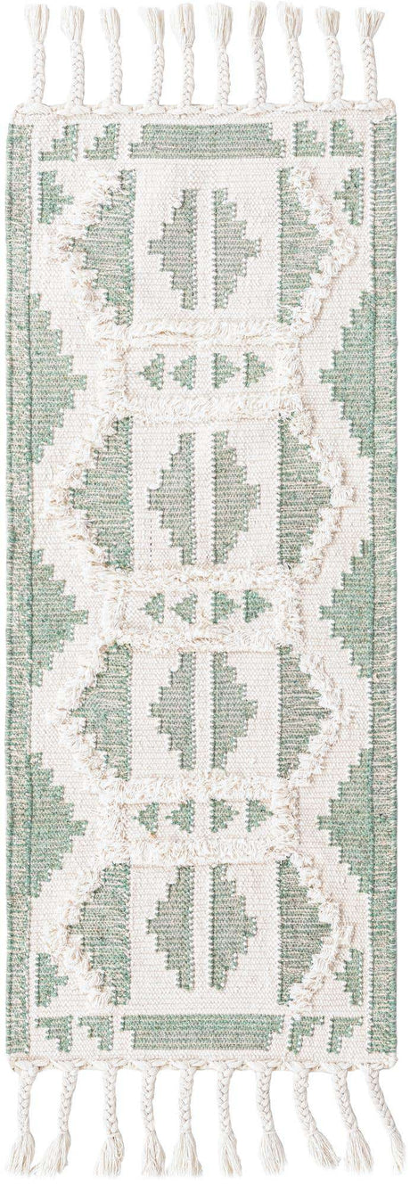 Aquamarine and White 2' 2 x 5' 1 Mesa Runner Area Rug 100% Wool Geometric All Natural Carpet for Living, Dining, Office, Bedrooms, Dorms, Kitchens for Sale at Rug Engine