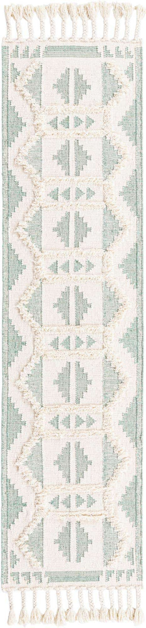 Aquamarine and White 2' 7 x 10' Mesa Runner Area Rug 100% Wool Geometric All Natural Carpet for Living, Dining, Office, Bedrooms, Dorms, Kitchens for Sale at Rug Engine