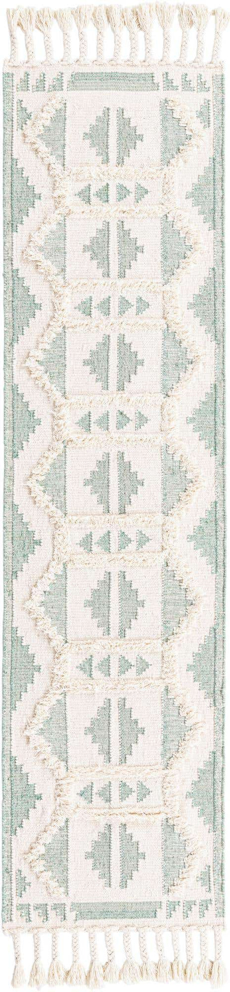 Aquamarine and White 2' 7 x 10' Mesa Runner Area Rug 100% Wool Geometric All Natural Carpet for Living, Dining, Office, Bedrooms, Dorms, Kitchens for Sale at Rug Engine