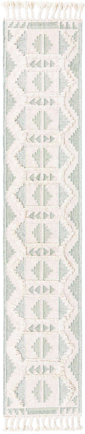 Aquamarine and White 2' 7 x 13' 1 Mesa Runner Area Rug 100% Wool Geometric All Natural Carpet for Living, Dining, Office, Bedrooms, Dorms, Kitchens for Sale at Rug Engine