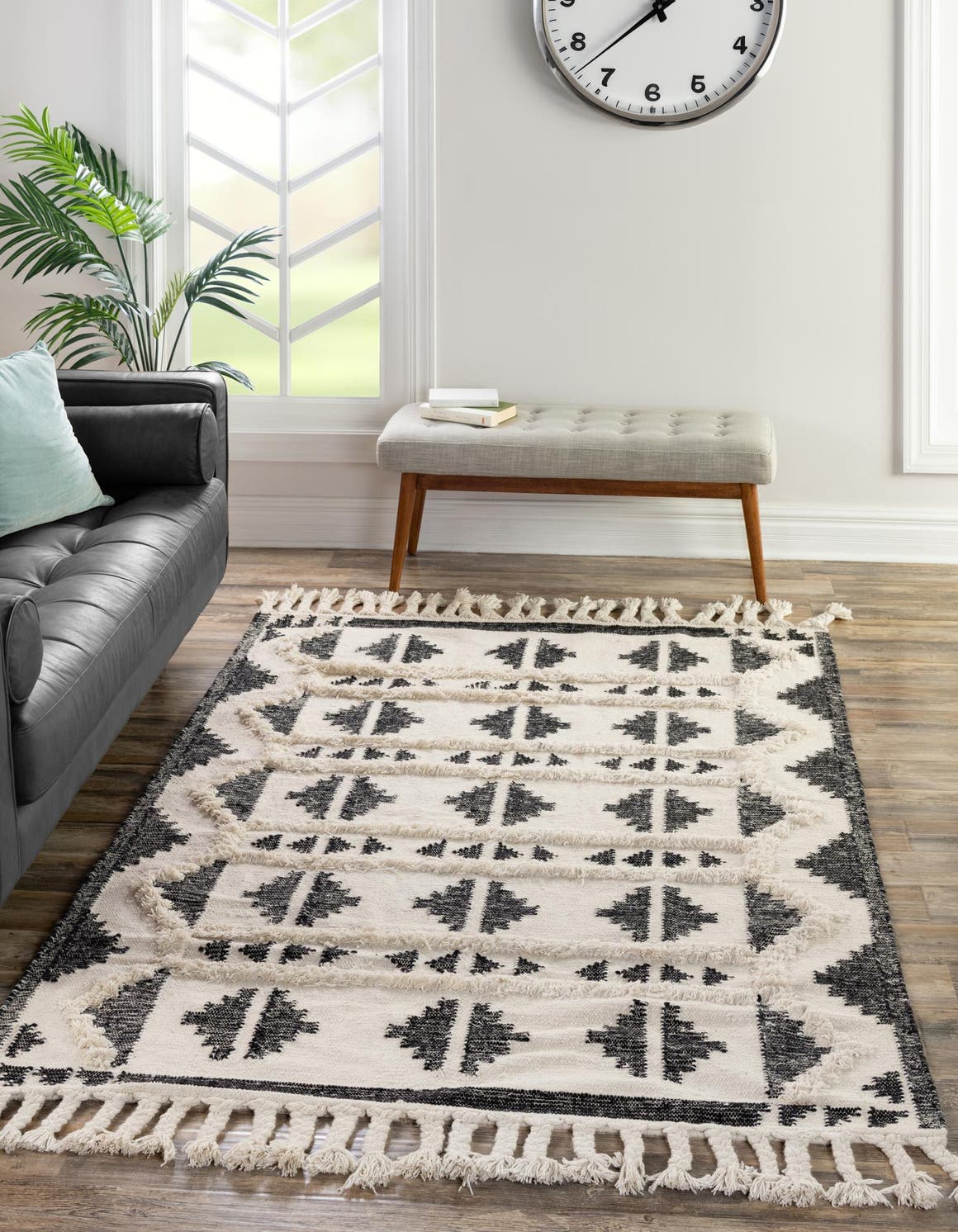 Black and White 5' 1 x 8' Mesa Rectangle Area Rug 100% Wool Geometric All Natural Carpet for Living, Dining, Office, Bedrooms, Dorms, Kitchens for Sale at Rug Engine