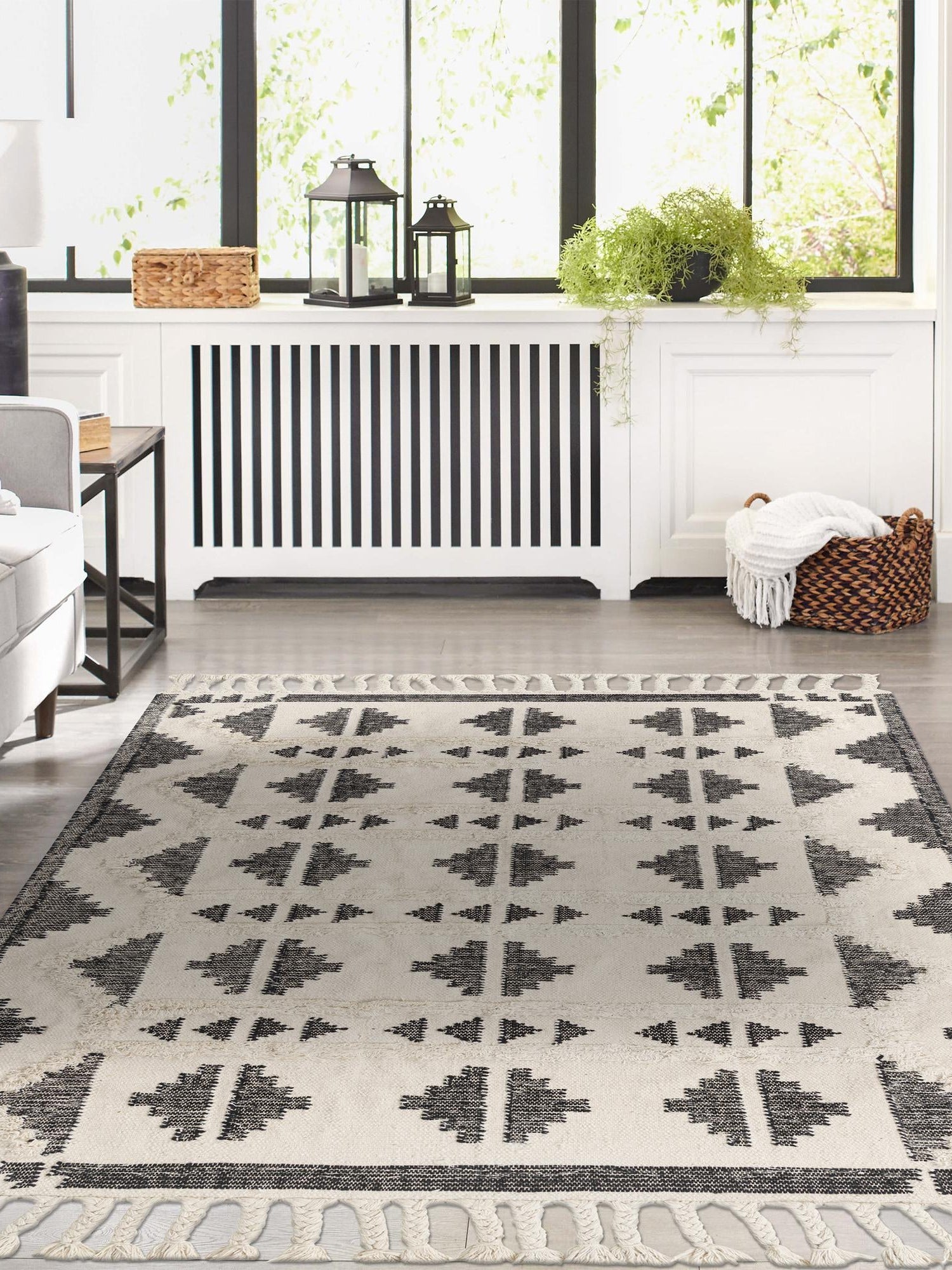 Black and White 5' 1 x 8' Mesa Rectangle Area Rug 100% Wool Geometric All Natural Carpet for Living, Dining, Office, Bedrooms, Dorms, Kitchens for Sale at Rug Engine