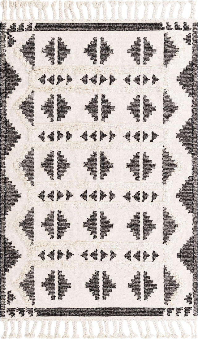 Black and White 5' 1 x 8' Mesa Rectangle Area Rug 100% Wool Geometric All Natural Carpet for Living, Dining, Office, Bedrooms, Dorms, Kitchens for Sale at Rug Engine