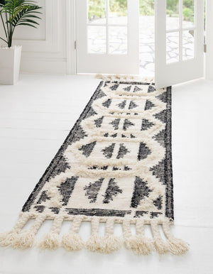 Black and White 2' 7 x 10' Mesa Runner Area Rug 100% Wool Geometric All Natural Carpet for Living, Dining, Office, Bedrooms, Dorms, Kitchens for Sale at Rug Engine