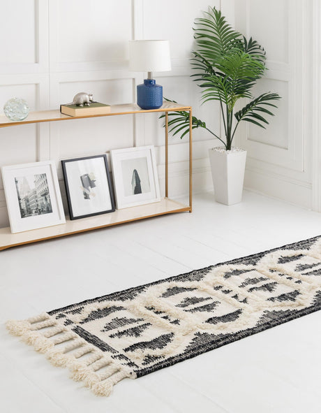 Black and White 2' 2 x 6' 1 Mesa Runner Area Rug 100% Wool Geometric All Natural Carpet for Living, Dining, Office, Bedrooms, Dorms, Kitchens for Sale at Rug Engine