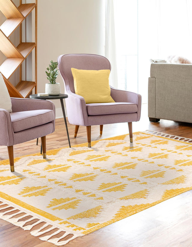 Yellow and White 5' 1 x 8' Mesa Rectangle Area Rug 100% Wool Geometric All Natural Carpet for Living, Dining, Office, Bedrooms, Dorms, Kitchens for Sale at Rug Engine