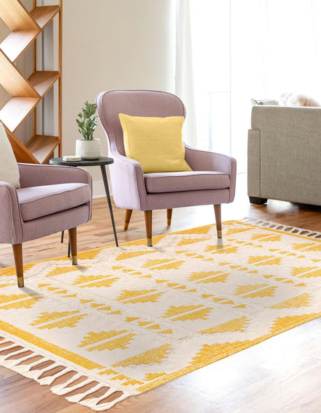 Yellow and White 4' 1 x 6' 1 Mesa Rectangle Area Rug 100% Wool Geometric All Natural Carpet for Living, Dining, Office, Bedrooms, Dorms, Kitchens for Sale at Rug Engine