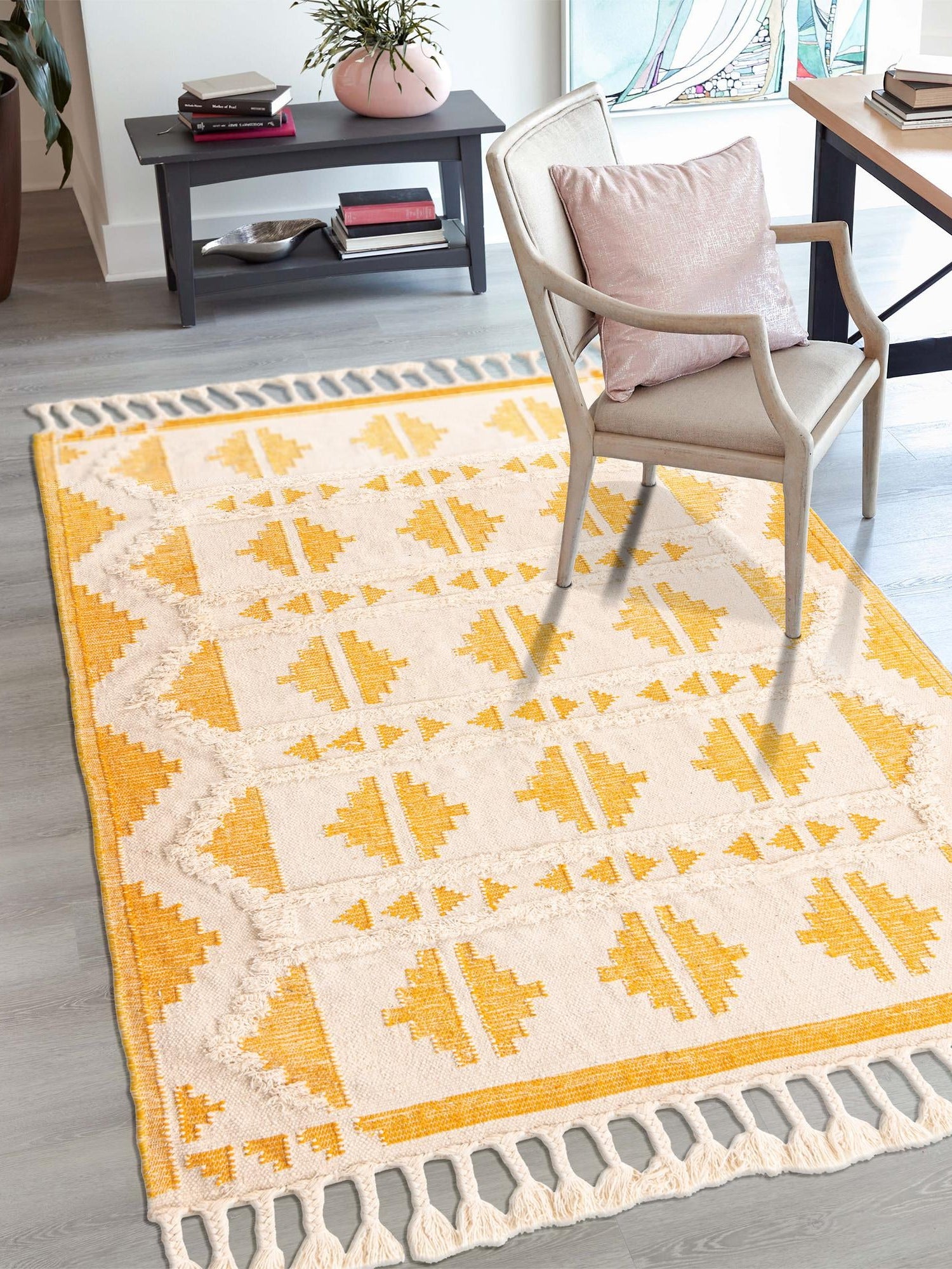 Yellow and White 6' 1 x 9' Mesa Rectangle Area Rug 100% Wool Geometric All Natural Carpet for Living, Dining, Office, Bedrooms, Dorms, Kitchens for Sale at Rug Engine