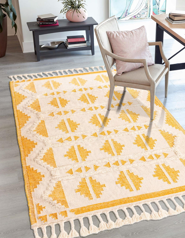 Yellow and White 6' 1 x 9' Mesa Rectangle Area Rug 100% Wool Geometric All Natural Carpet for Living, Dining, Office, Bedrooms, Dorms, Kitchens for Sale at Rug Engine