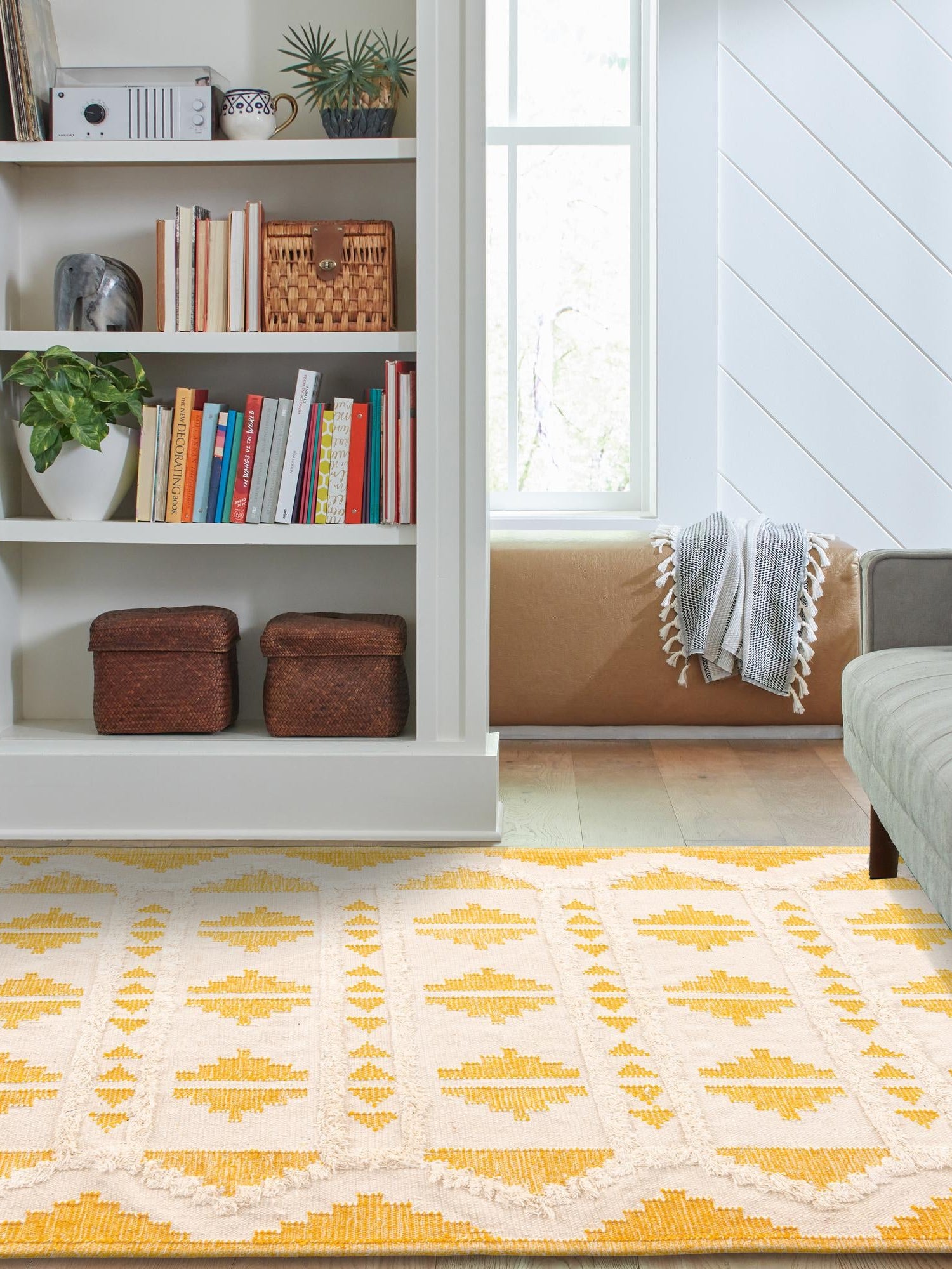 Yellow and White 4' 1 x 6' 1 Mesa Rectangle Area Rug 100% Wool Geometric All Natural Carpet for Living, Dining, Office, Bedrooms, Dorms, Kitchens for Sale at Rug Engine
