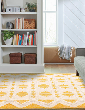 Yellow and White 9' x 12' Mesa Rectangle Area Rug 100% Wool Geometric All Natural Carpet for Living, Dining, Office, Bedrooms, Dorms, Kitchens for Sale at Rug Engine