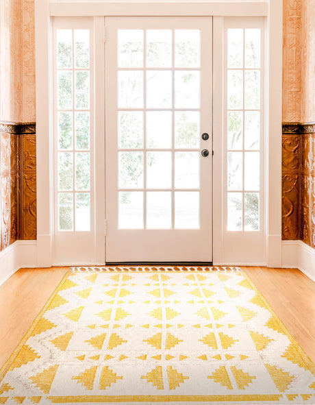Yellow and White 8' x 10' Mesa Rectangle Area Rug 100% Wool Geometric All Natural Carpet for Living, Dining, Office, Bedrooms, Dorms, Kitchens for Sale at Rug Engine