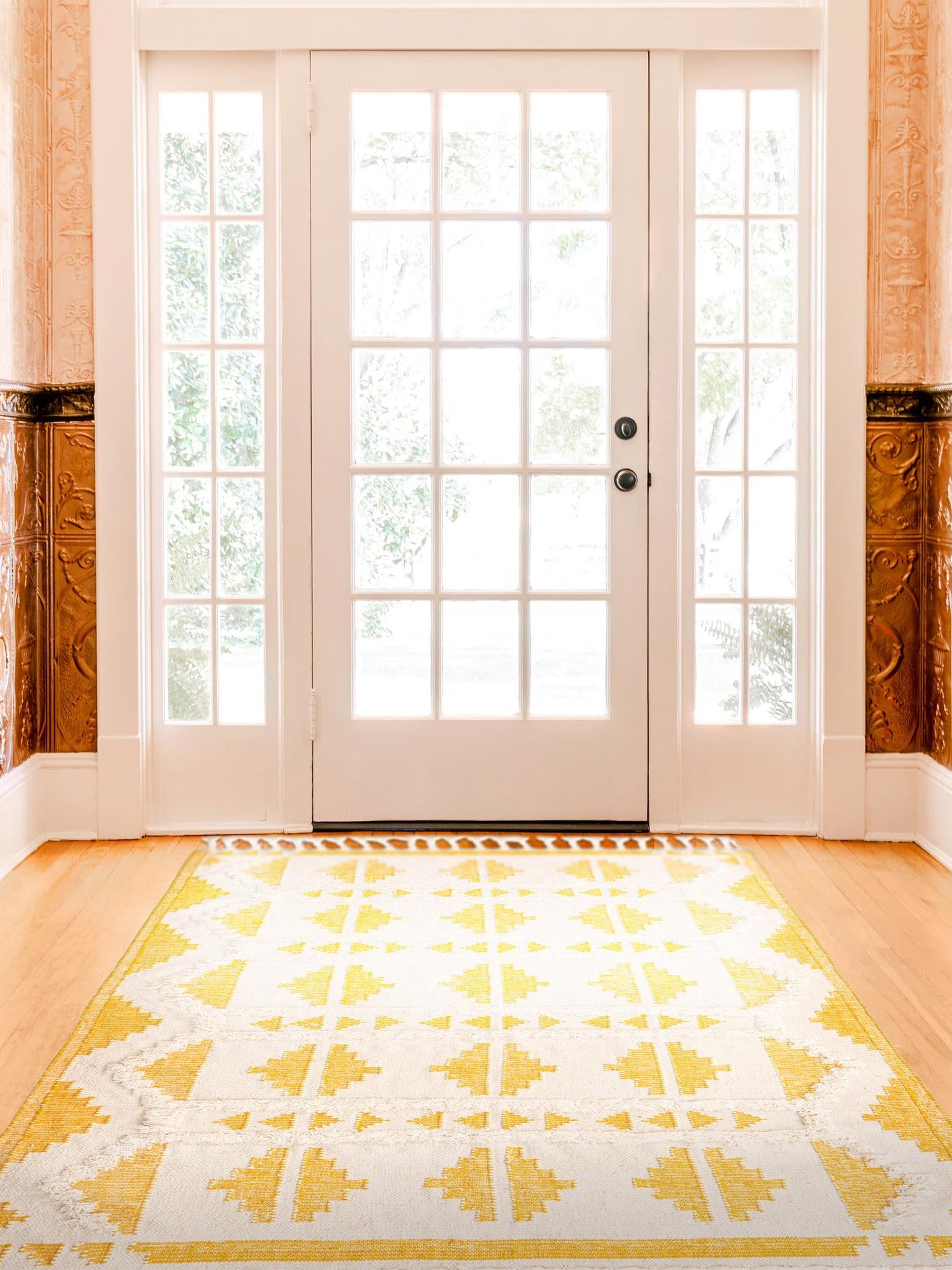 Yellow and White 6' 1 x 9' Mesa Rectangle Area Rug 100% Wool Geometric All Natural Carpet for Living, Dining, Office, Bedrooms, Dorms, Kitchens for Sale at Rug Engine