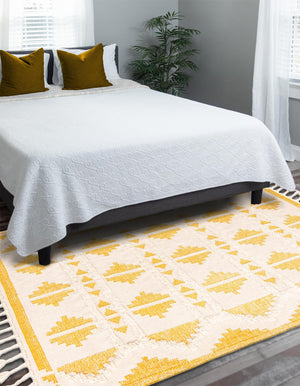 Yellow and White 6' 1 x 9' Mesa Rectangle Area Rug 100% Wool Geometric All Natural Carpet for Living, Dining, Office, Bedrooms, Dorms, Kitchens for Sale at Rug Engine